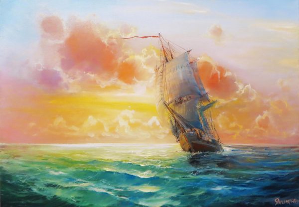 jedrenjak pri izlasku sunca, more, stari brod